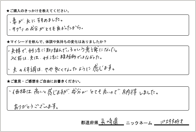 パスタ大好き様 様の
手書きアンケート